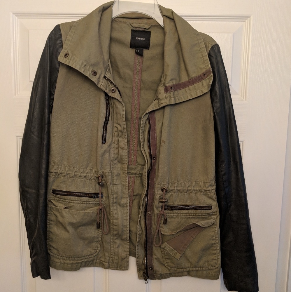 Army green jacket with leather sleeves